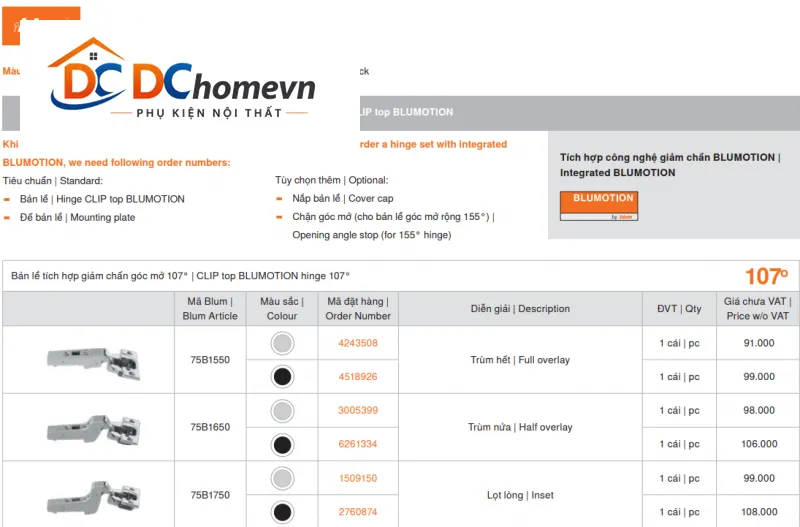 Bản lề tích hợp giảm chấn góc mở 107° 75B1650 3005399