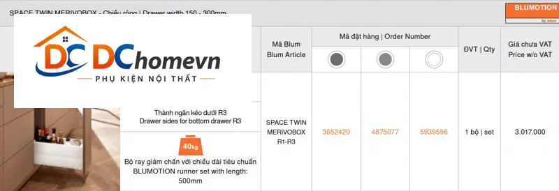 Gia vị Blum SPACE TWIN MERIVOBOX R1-R3,rộng 150-300mm,5939596, trắng