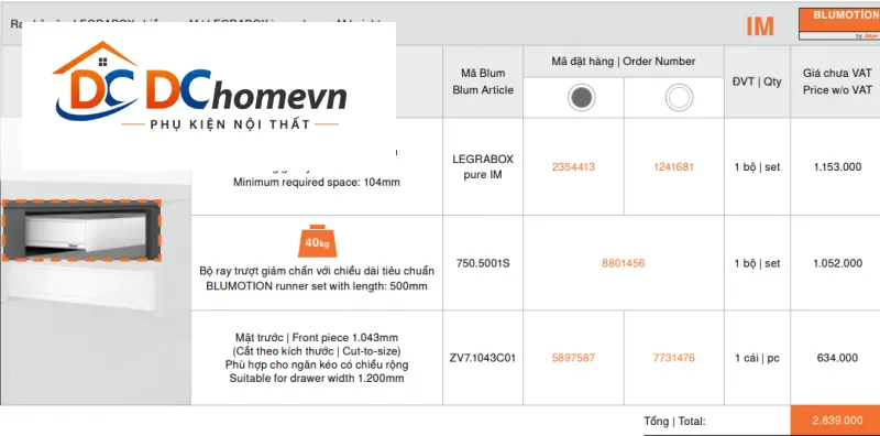 Mặt trước LEGRABOX Blum ZV7.1043C01 5897587