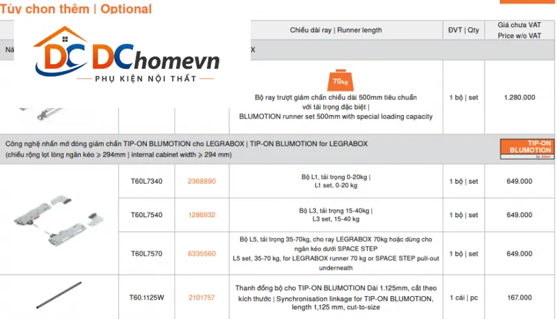 Trọn bộ ray hộp LEGRABOX M - Blum 70kg trắng