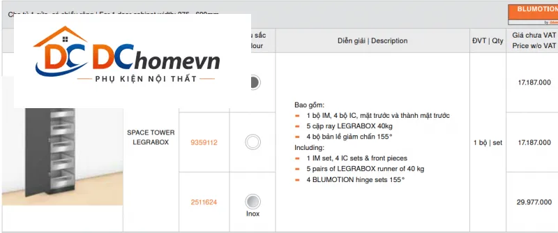Tủ đồ khô Blum SPACE TOWER LEGRABOX 9359112 trắng, rộng 275 -600mm