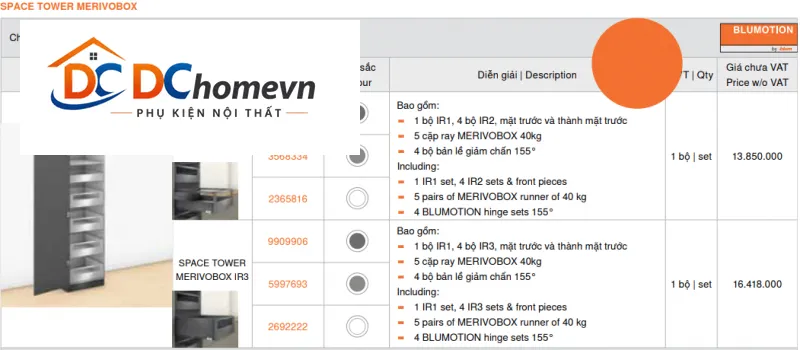 Tủ đồ khô Blum SPACE TOWER MERIVOBOX IR2, 3568334, xám nhạt