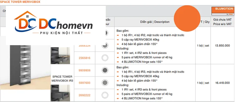 Tủ đồ khô Blum SPACE TOWER MERIVOBOX IR3, 9909906, xám đậm