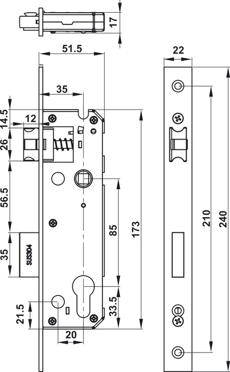 Bản vẽ kích thước / lắp đặt – Khóa Điện Tử Hafele Dùng Cho Cửa Nhôm 912.20.145